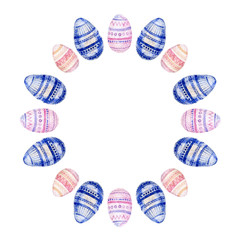 Hand painted watercolor Easter round border with colored eggs. Easter design isolated on white background.