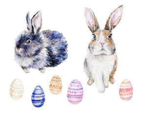 Watercolor Easter set with two lovely bunnies and colored eggs isolated on white. 