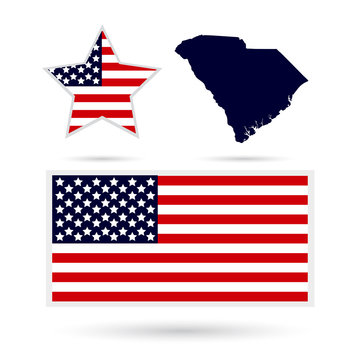 Map of the U.S. state of South Carolina. American flag, star