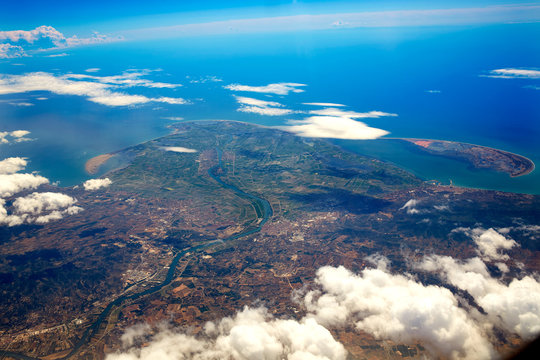 Deltebre Aerial Delta Ebro river in Tarragona