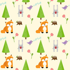childish seamless vector pattern with cute animals, trees and flowers