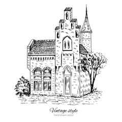 Mansion vintage vector sketch tile old european house, Historical building line art isolated, touristic postcard, poster, calendar template, idea with european construction, book illustration
