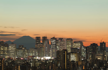 Obraz premium 富士山と新宿高層ビル群 日没 夕日 夕焼け 夕景 トワウライト シルエット 2017年