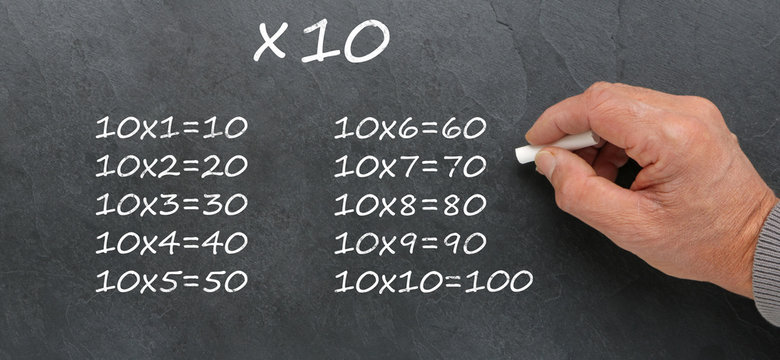 Table de multiplication de 10 à la craie sur ardoise