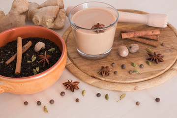 Obraz na płótnie Canvas Indian masala tea with ginger, cinnamon, cardamom, star anise and other spices