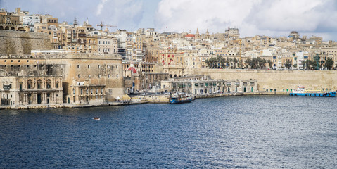 Panorama of  Mediterranean,  Middle East type architecture city next to the sea / river - Valletta / Malta