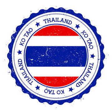 Ko Tao flag badge. Vintage travel stamp with circular text, stars and island flag inside it. Vector illustration.