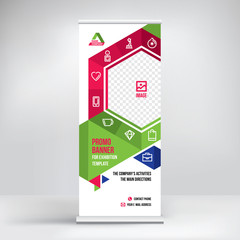 Promo banner roll-up design, business concept for promo products. Graphic template roll-up for exhibitions, banner for seminar, layout for placement of photos. Universal stand for conference, vector 