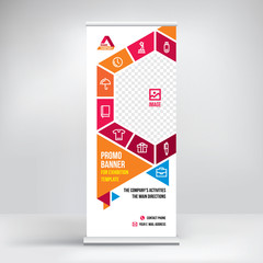 Promo banner roll-up design, business concept for promo products. Graphic template roll-up for exhibitions, banner for seminar, layout for placement of photos. Universal stand for conference, vector 