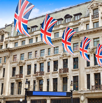 London UK flags in Oxford Street W1