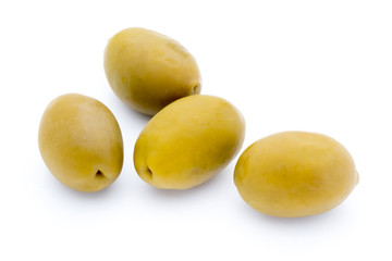Green big olives on the white background.