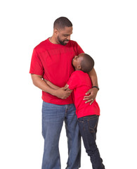 A man and his school aged son isolated on white