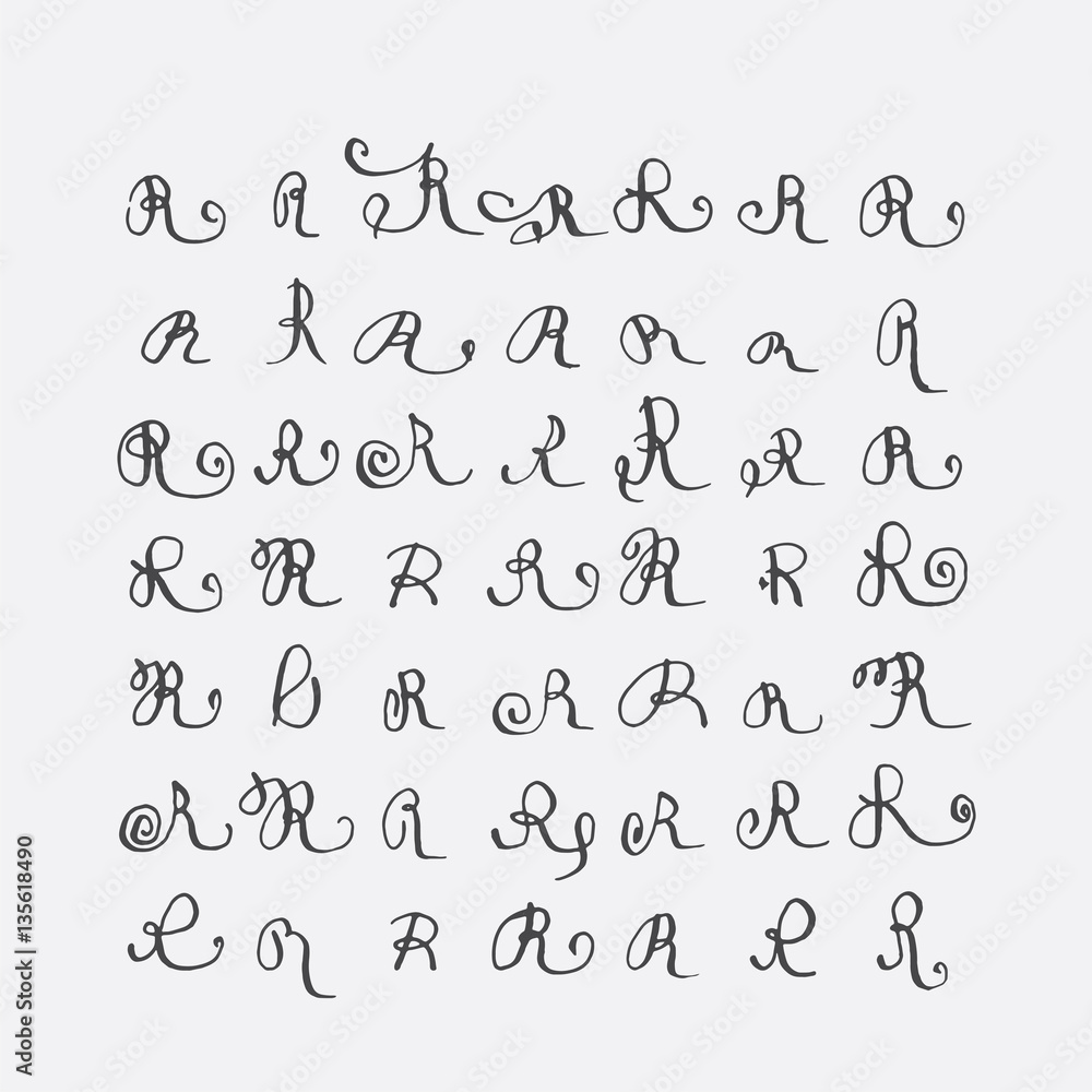 Poster vector set of calligraphic letters r, handwritten with pointed nib, decorated with flourishes and de