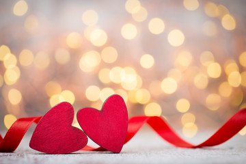 Obraz premium Red heart of ribbon. Valentines day background.