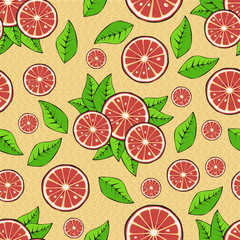 Citrus slices and leaves. Seamless pattern. Vector illustration.