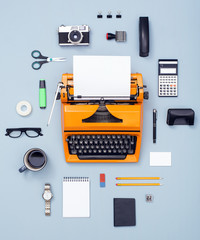 top view retro typewriter items cloud