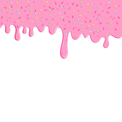 Background with pink donut glaze. Many decorative sprinkles. Easy to change colors. Pattern design for banner, poster, flyer, card, postcard, cover, brochure. Vector illustration