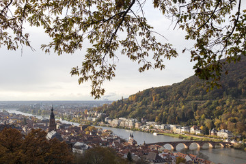 Heidelberg Old Town and The Karl Theodor Bridge or Old Bridge as they seen from the Castle Park...
