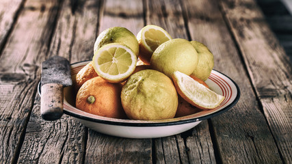 Lemons fresh.Citrus on metal plates.Vintage style.Toned image.selective focus. 