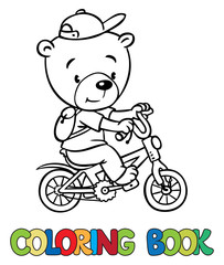 Coloring book of little funny bear on bicycle