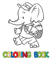 Coloring book of funny little funny baby elephant with backpack. Children vector illustration