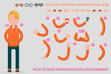 Creating the character of the student. Icons with various types  faces, emotions, clothing. In front, a male person. Move your hands. Chairman.