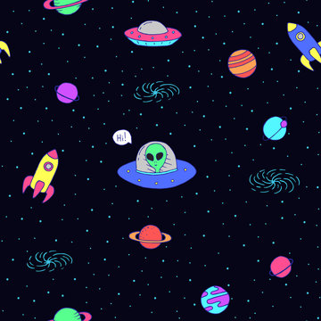 Seamless cartoon space pattern with aliens, rockets, planets, stars over the night sky background