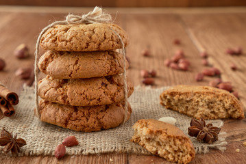 Homemade oat cookies on a wooden background