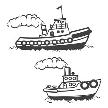 Set of tugboat illustration isolated on white background. Boat i