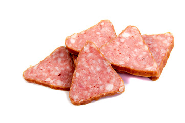 Salami smoked sausage slices isolated on white background cutout