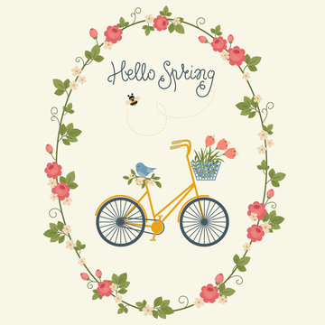 Spring card design with bicycle in floral wreath