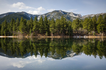 Trees and snow capped mountains reflected in lake in Dixie National Forest, Utah.