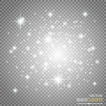 Set of golden glowing lights effects isolated on transparent background. Sun flash with rays and spotlight. Glow light effect. Star burst with sparkles.
