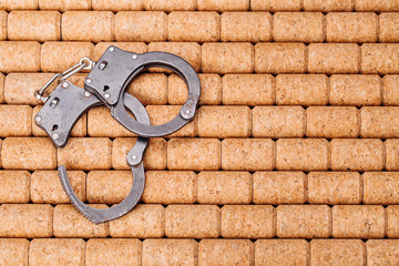 handcuffs on the cork wooden table background