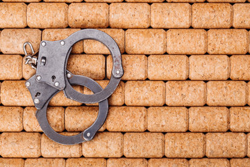 handcuffs on the cork wooden table background