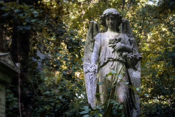 Young angel statue with flowers in a London cemetery looks down