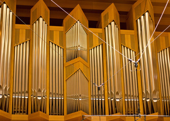 Organ pipes in a large concert hall . Musical instrument. Grand Concert Hall. Classical music
