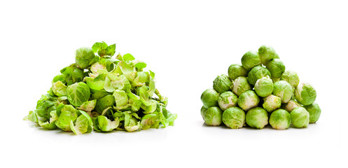 Peeled  and unpeeled brussels sprouts heaps