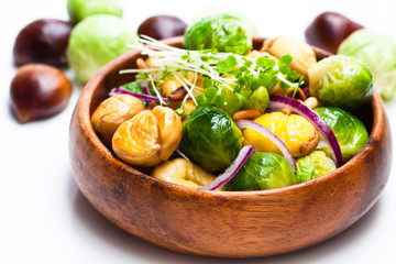 Christmas  meal with brussels sprouts and roasted chestnuts