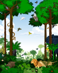 Rainforest vector illustration. Vector Green Tropical Forest jungle with animals.