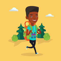 Man with backpack hiking vector illustration.