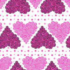 Creative seamless texture with colorful curly hearts on white background. Beautiful heart shaped by scrolls and spirals. Abstract background for Valentines Day and holidays