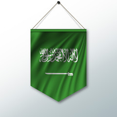 The national flag of Saudi Arabia. The symbol of the state in the pennant hanging on the rope. Realistic vector illustration.