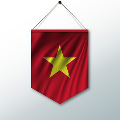 The national flag of Vietnam. The symbol of the state in the pennant hanging on the rope. Realistic vector illustration.