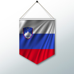 Obraz premium The national flag of Slovenia. The symbol of the state in the pennant hanging on the rope. Realistic vector illustration.