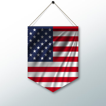 The national flag of USA. The symbol of the state in the pennant hanging on the rope. Realistic vector illustration.