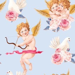 Valentines day seamless with roses and cupid