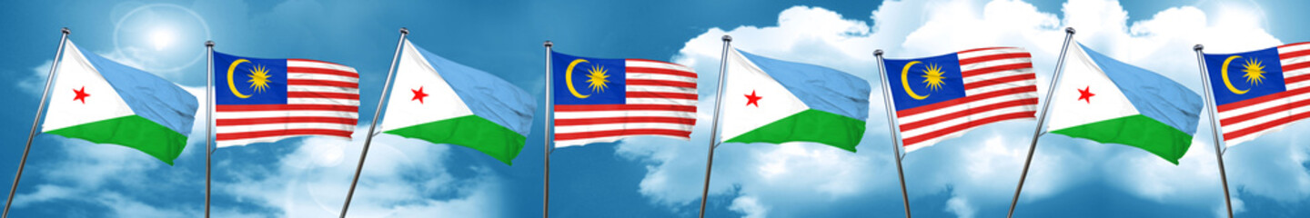 Djibouti flag with Malaysia flag, 3D rendering