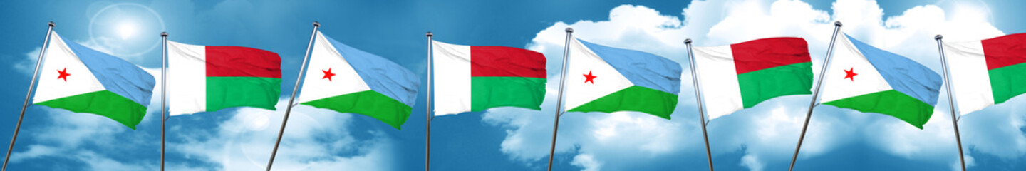 Djibouti flag with Madagascar flag, 3D rendering