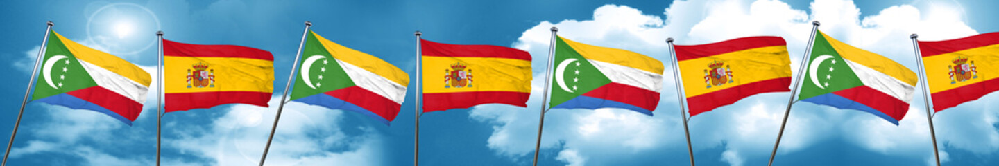 Comoros flag with Spain flag, 3D rendering